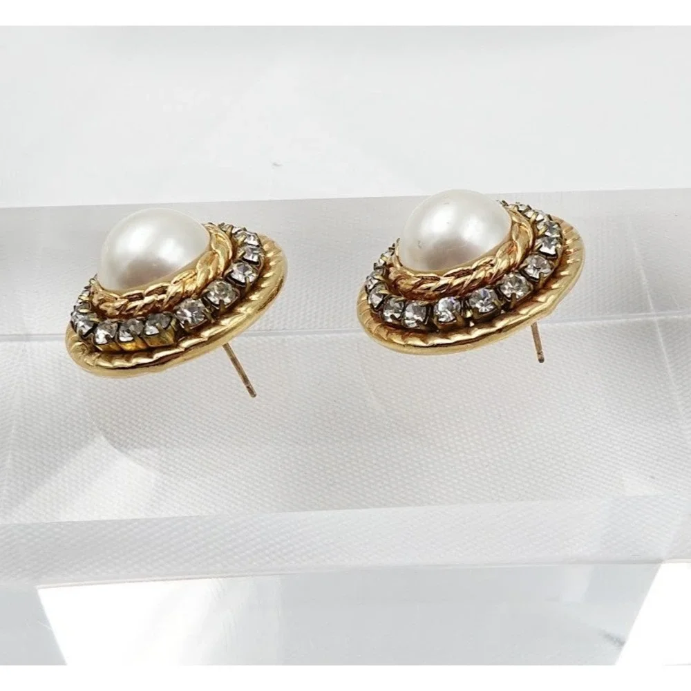 Vintage Rhinestone Halo Button Earrings Gold Tone Faux Pearl Dome Stud 80s Glam
